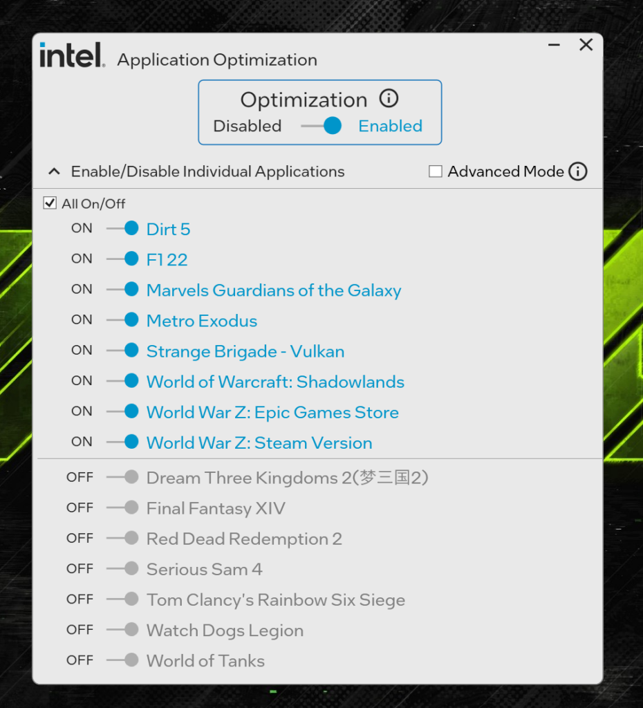 Intel Application Optimization Screenshot